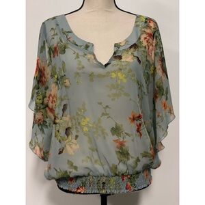 Metaphor Sheer Chiffon Cold Shoulder Blouse Blue Floral Size S